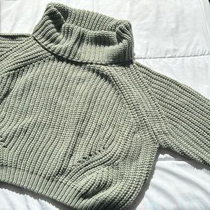 Sage Green Knitted Cropped Turtle Neck Sweater